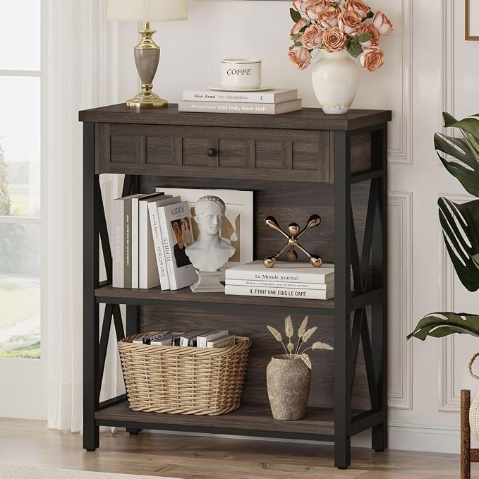 FATORRI Small Bookcase with Drawer, Industrial 3 Shelf Bookshelf, Wood and by FATORRI