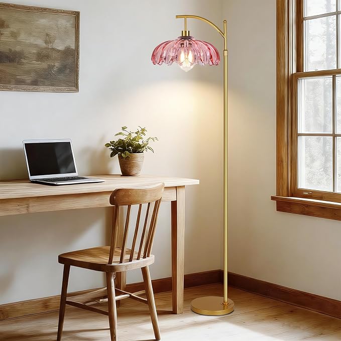 QIYIZM Pink Floor Lamp for Living Room, Mid Century Modern Brass Tall Lamp Boho - Image 7