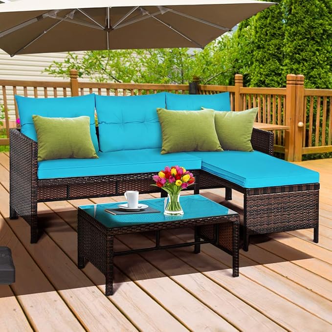 Tangkula Patio Corner Sofa Set 3 Piece, Outdoor Rattan Sofa Set, Includes - Image 2