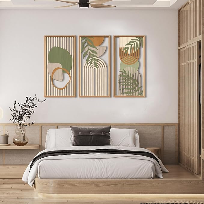 IARTTOP Large Boho Mid-century Modern Wood Wall Art 16x32 Inch Framed Green - Image 3