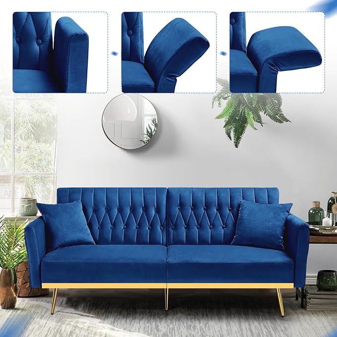 70” Velvet Futon Sofa Bed w/Adjustable Armrests and Backrest, Convertible Futon - Image 6