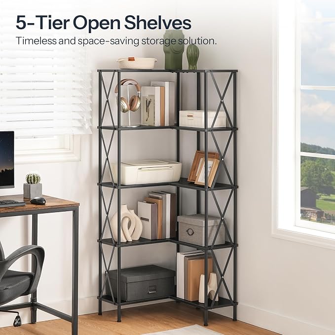 HOOBRO Corner Bookshelf, 5-Tier L-Shaped Bookcase, Industrial Open Display - Image 8