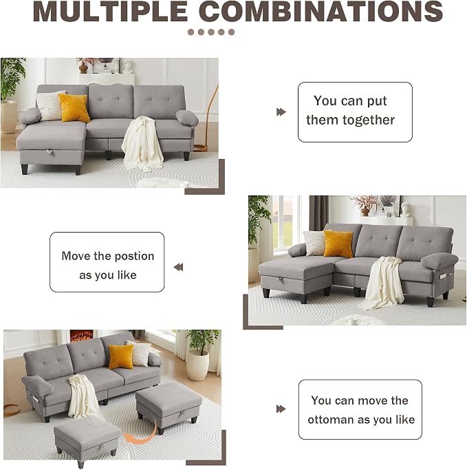 84" Convertible Sectional Sofa, Deep 3-Seat L Shaped Sectional Couch - Image 5