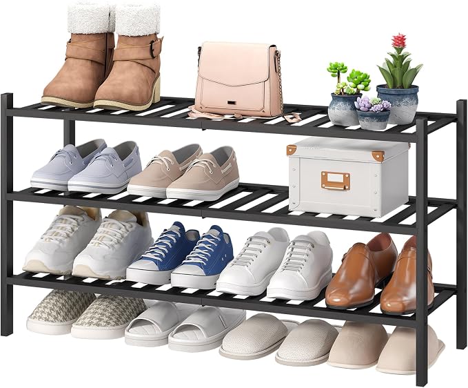 viewcare 3-Tier Long Black Shoe Rack, Bamboo Wood Shoe Rack by VIEWCARE