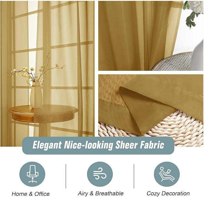 Gold Sheer Curtains for Window 72 inches Long 2 Panels Set, Soft Airy Modern - Image 4