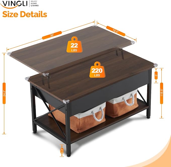 VINGLI 36" Lift Top Coffee Table - Image 2