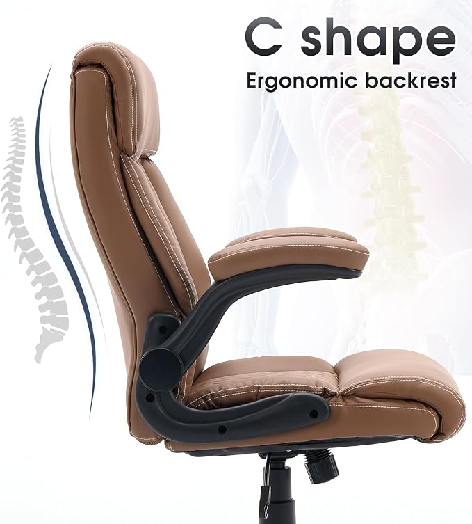 High Back Office Chair with Flip-up Armrests, Leather Comfy Desk Chair with - Image 5