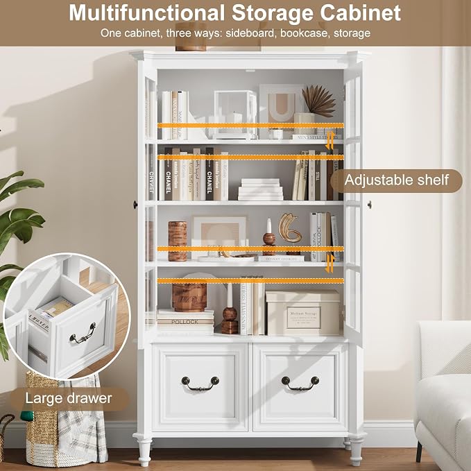 QUW 63" Tall Bookshelf with Glass Doors and Solid Wood Legs, Modern Book Shelf - Image 5