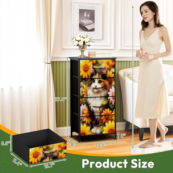 Dresser for Bedroom Calico Cat Surrounded by Bright Sunflowers Daisies Garden - Image 3