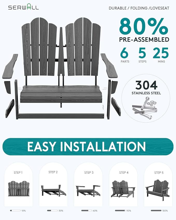 SERWALL Outdoor Patio Adirondack Set, 2 Folding Adirondack Bench & 1 Coffee - Image 2