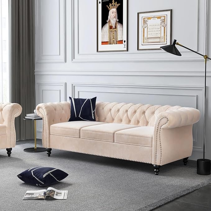 AVZEAR 3 seat Sofa, Velvet Living Room Large Modern Chesterfield Fabric Modern - Image 5
