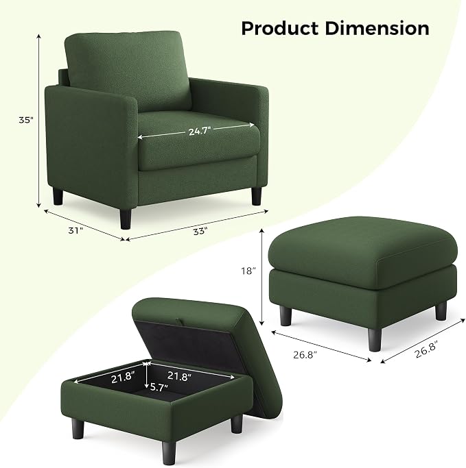 Welzona Sofa Accent Chair with Ottoman, Tool-Free Setup Living Room Accent - Image 2