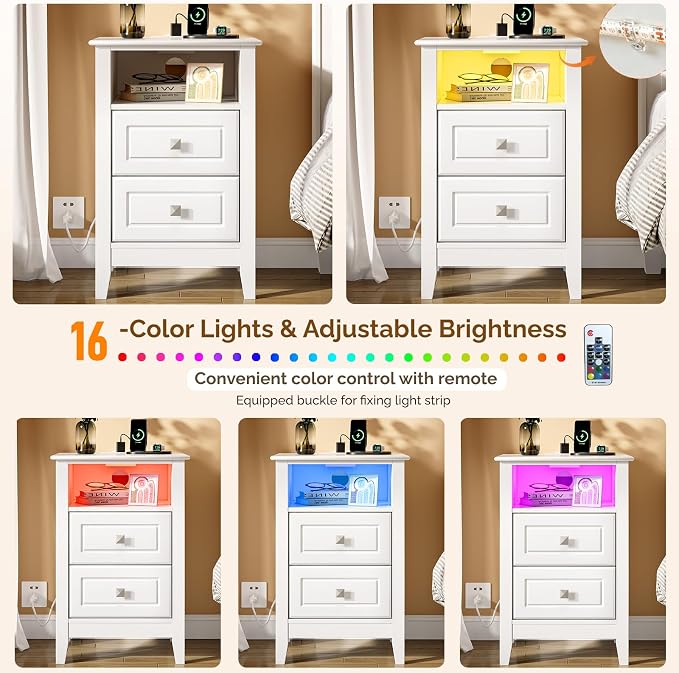 Bonnlo White Night Stand with Charging Station, Led Nightstand White Wood - Image 5