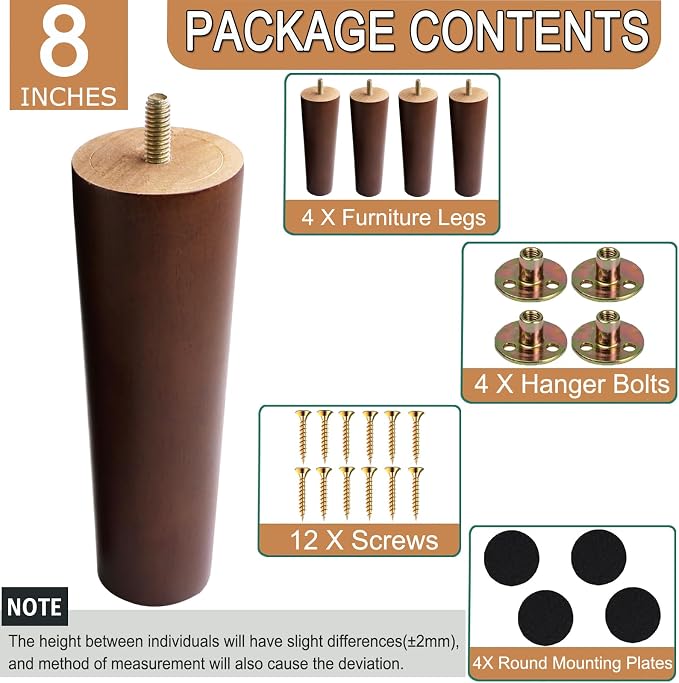 Yaliuliu Brown 8 Inches Furniture Legs Round Solid Wood Sofa Legs Replacement - Image 3