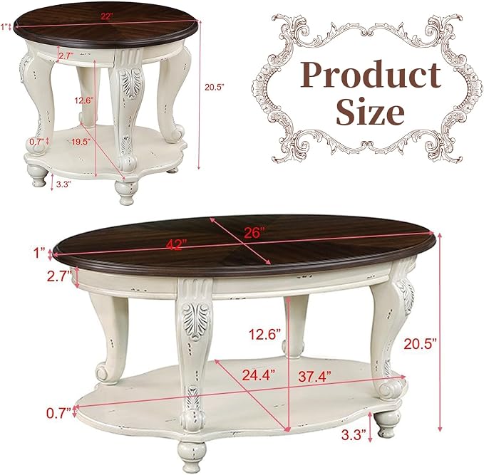 LKTART Oval Coffee Tables Set of 3, Vintage Wood Coffee Table - Image 3