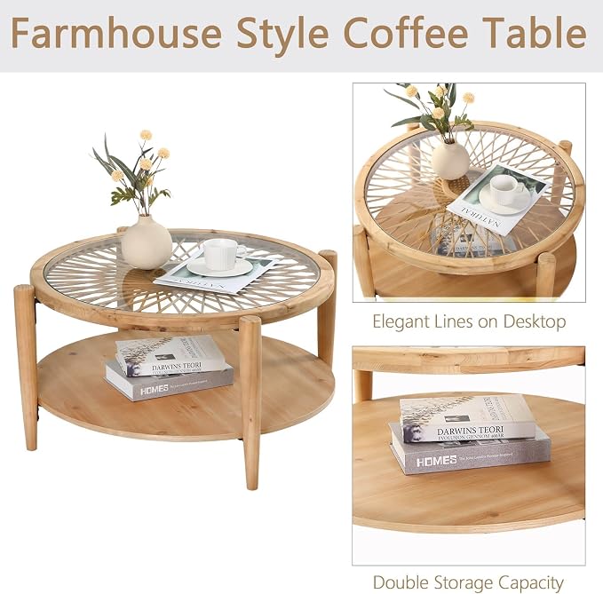 RUSTOWN Rattan Coffee Tables, 2-Tier Round Boho Cocktail Tables, Mid Century - Image 7