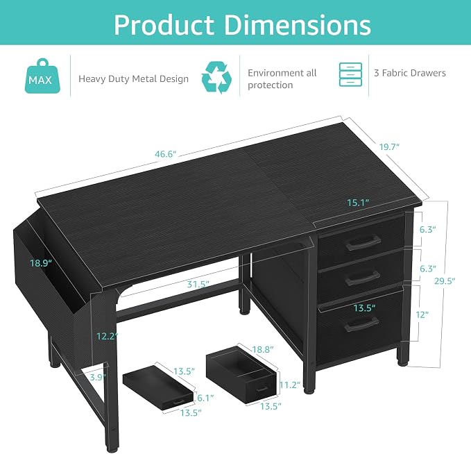 Lufeiya Computer Desk with File Drawers Cabinet, 47 Inch Reversible Home Office - Image 3