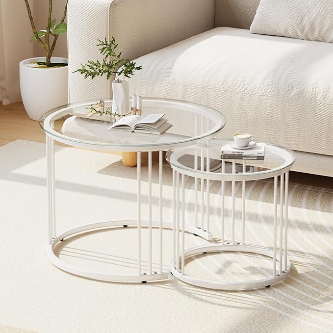 Garden 4 you Nesting Coffee Table, 23.6" Round Coffee Table Set of 2, Glass by Garden4you