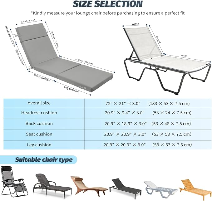 2 Pcs Outdoor Chaise Lounge Cushion 72" x 21" x 3", 4-Section Folding Patio - Image 3