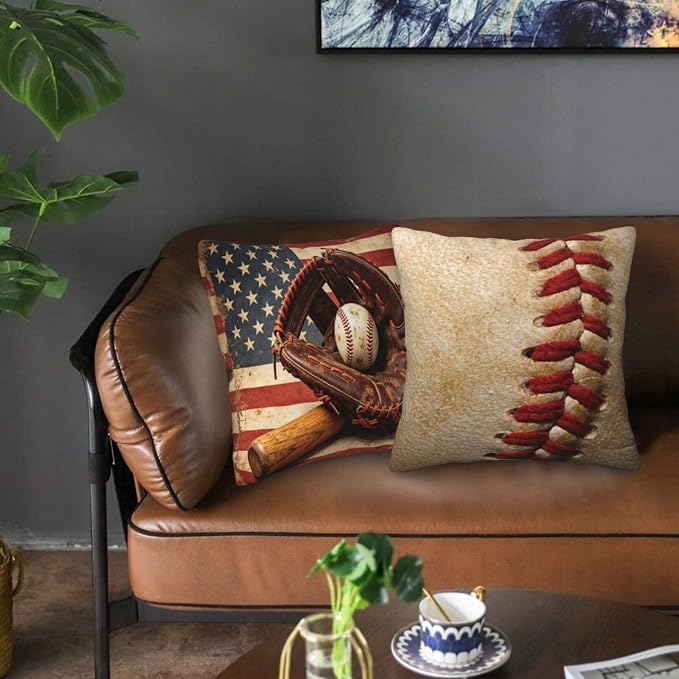 Baseball with American Flag Pillow Covers 18x18 Set of 2, Vintage Baseball - Image 8