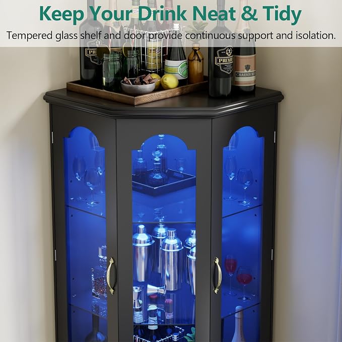 Gyfimoie Corner Bar Cabinet w/LED Lights, Tall Modern Wine Cabinet - Image 7
