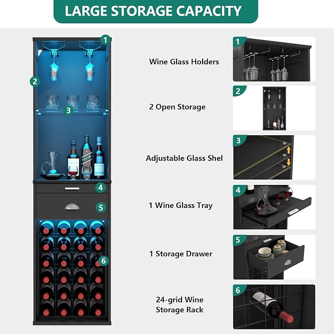 Loomie Wine Bar Cabinet with LED Lights, Freestanding Liquor Cabinet with Tray - Image 5