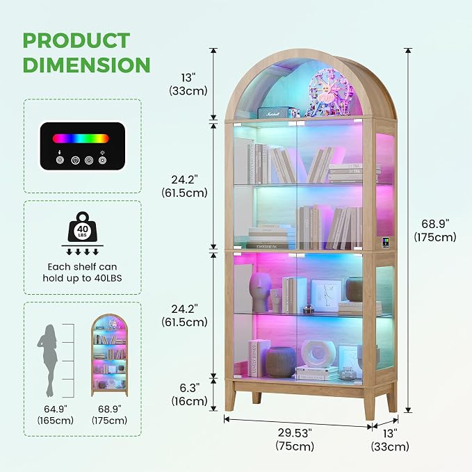 HNEBC Arched Book Shelf with Glass Doors, LED Bookcase with RGB Lights - Image 2