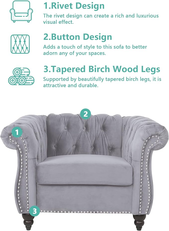 Living Room Chair, Modern Velvet Chesterfield Sofa Chair, Mid Century Single - Image 6
