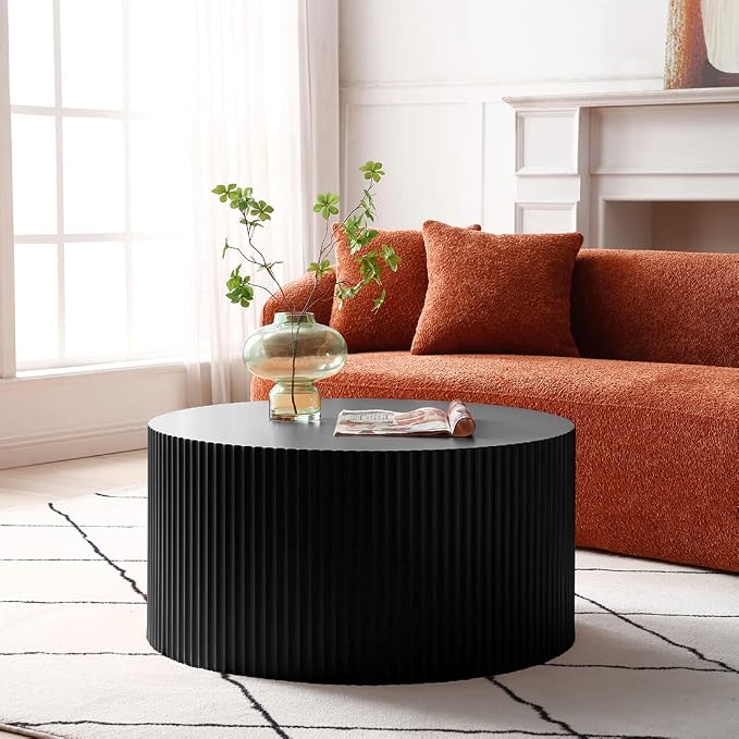 Black Round Coffee Table Nesting End Table Set of 2 Fluted Side Tables Set - Image 7