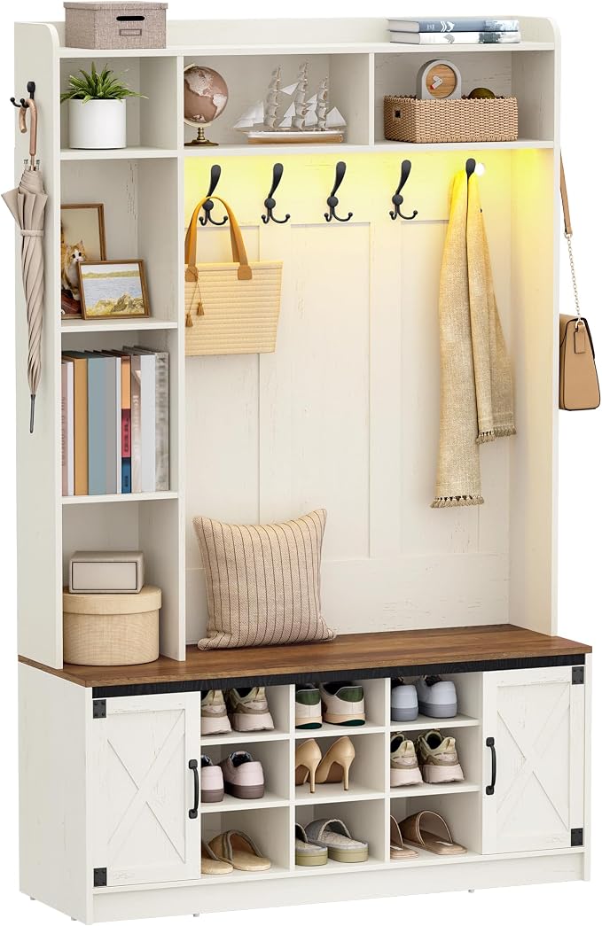 Hzuaneri 47.2" Hall Tree, LED Farmhouse Entryway Storage and Coat Rack Wood - Image 9