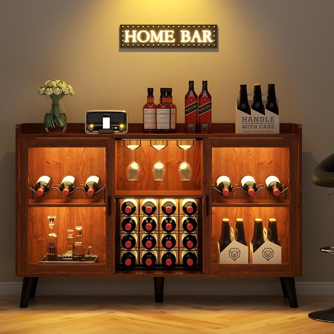 Auromie Wine Bar Cabinet with Led Light, Home Coffee Cabinet with Wine and - Image 7