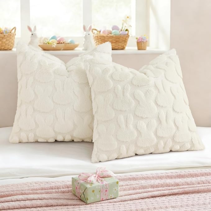 decorUhome Easter Bunny Pillow Covers 20x20 Inch Set of 2, Soft Plush Faux Wool - Image 4