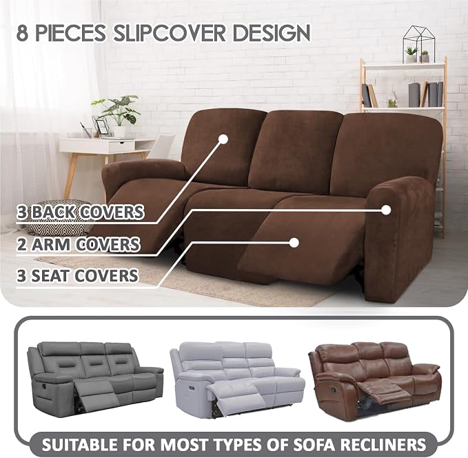 ULTICOR Velvet 8-Pieces Recliner Sofa Covers Stretch Reclining Couch Covers - Image 2