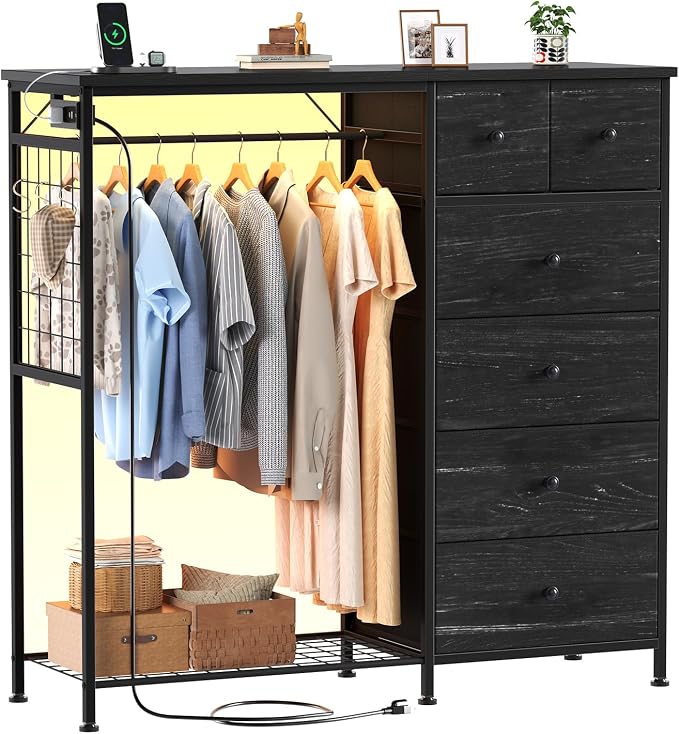 DUMOS Dresser for Bedroom with Hanging Rack, 6 Drawer Fabric Dresser with by DumosLifestyle
