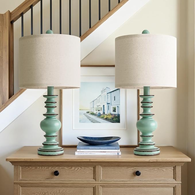 BOBOMOMO 20" Distressed Teal Bedside Lamps Set of 2, Hand-Painted Vintage Resin - Image 7