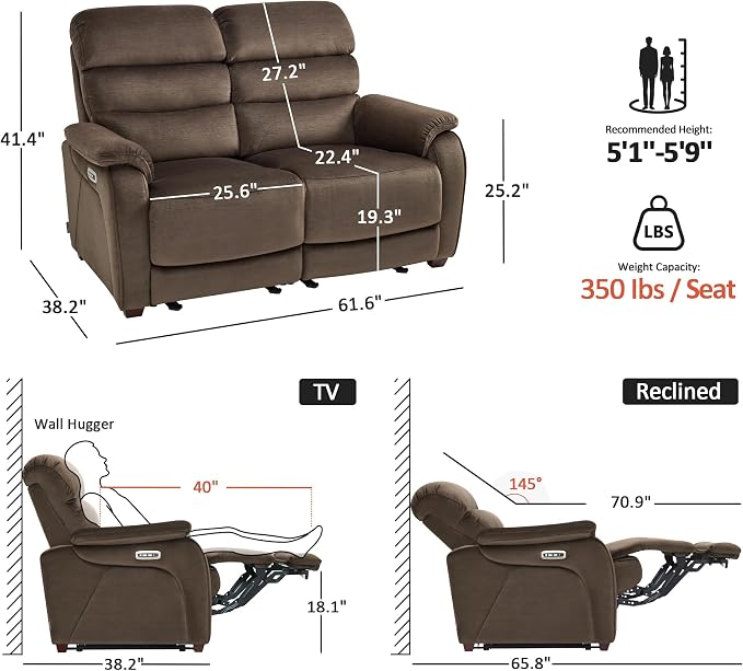 MCombo 61.6'' Wall Hugger Power Loveseat Recliner, Reclining Loveseat - Image 2