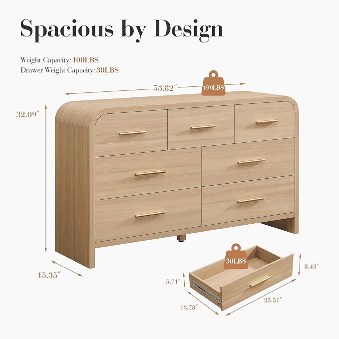 Curved 7-Drawer Dresser for Bedroom, 53.82" Wide Modern Chest of Drawers - Image 2