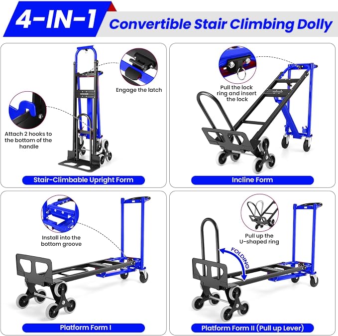 4-in-1 Hand Truck Dolly Heavy Duty Industrial Convertible, 1000 LBS Stair - Image 6