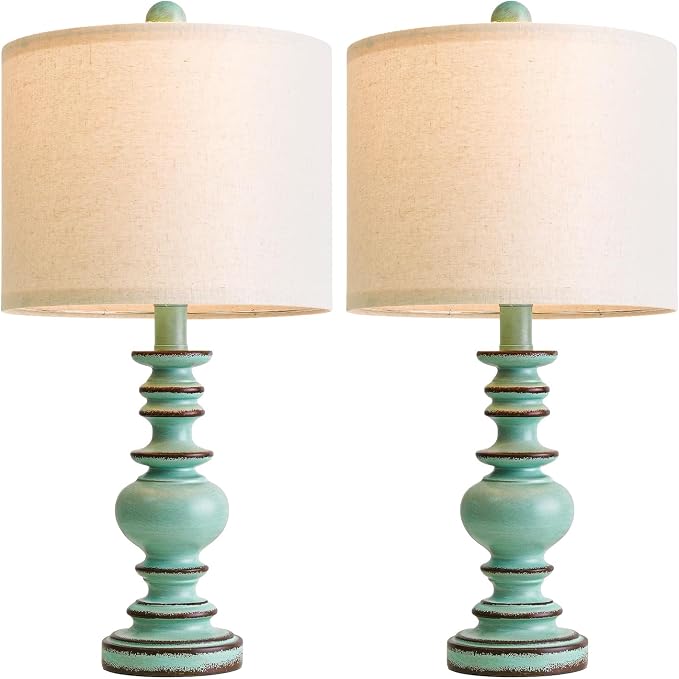 BOBOMOMO 20" Distressed Teal Bedside Lamps Set of 2, Hand-Painted Vintage Resin - Image 6