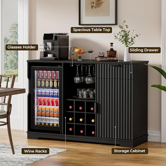 Coffee Bar Cabinet with Fridge, Fluted Wine Bar Cabinet with Wine Rack and - Image 7