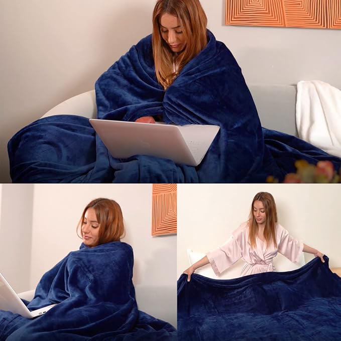 Fleece Plush Throw Blanket Navy Blue, Super Soft Fuzzy Cozy Flannel Blanket - Image 2