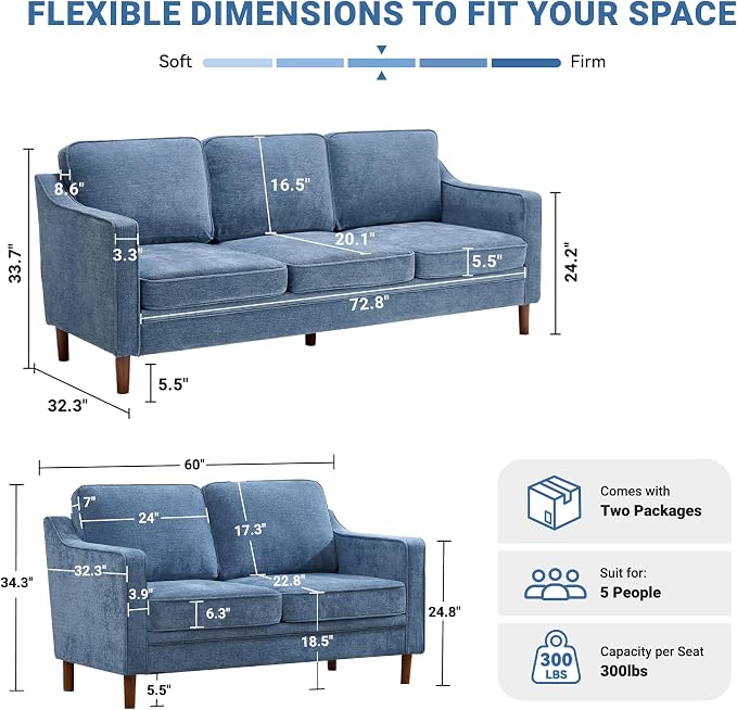 Kingfun Living Room Furniture Sets, 3 Seater Couch and Loveseat, Mid Century - Image 2