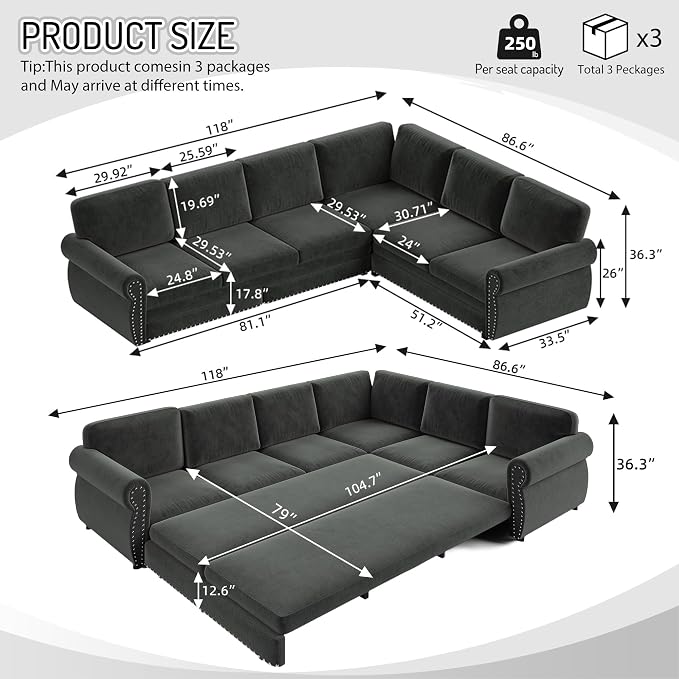 118" L-Shaped Sleeper Couch Bed - Image 2