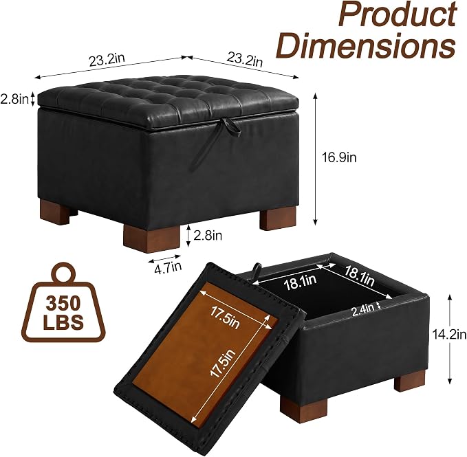 WUTUTUEE 24" Faux Leather Square Storage Ottoman - Image 2