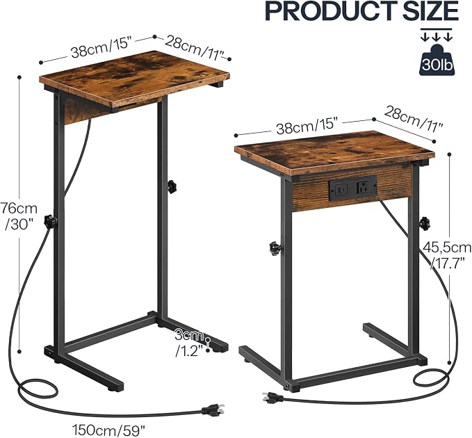 HOOBRO C-Shaped End Table with Charging Station, Adjustable Height Sofa Tray - Image 2