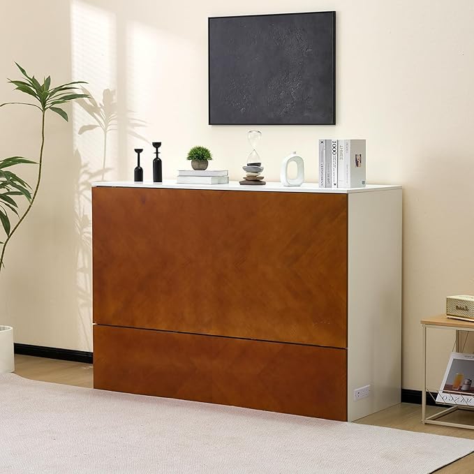 VINGLI Queen Murphy Bed with Storage Drawer, 2 Charging Station, Rustic & - Image 2