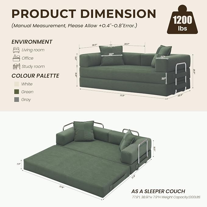 GRUSIGN 78 Inch Convertible Sofa Bed, 5-in-1 Futon Sofa Bed Pull Out Couch - Image 2