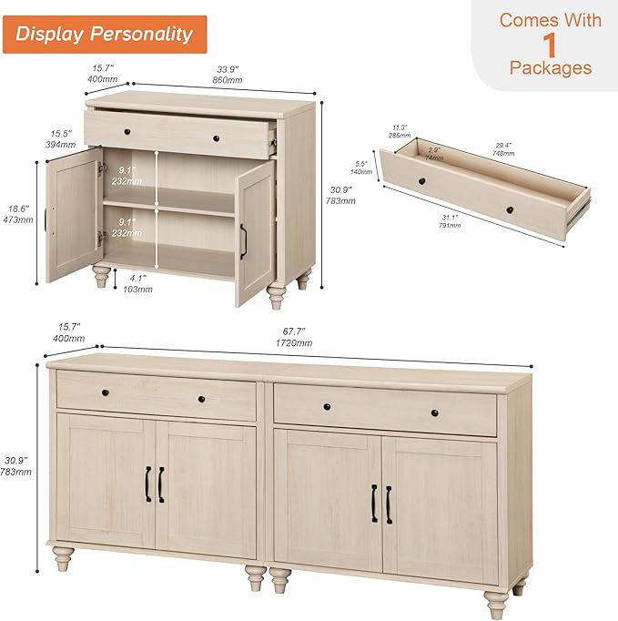 WAMPAT Buffet Cabinet with 4 Doors and 2 Drawers, Large Coffee Bar Table Wood - Image 2