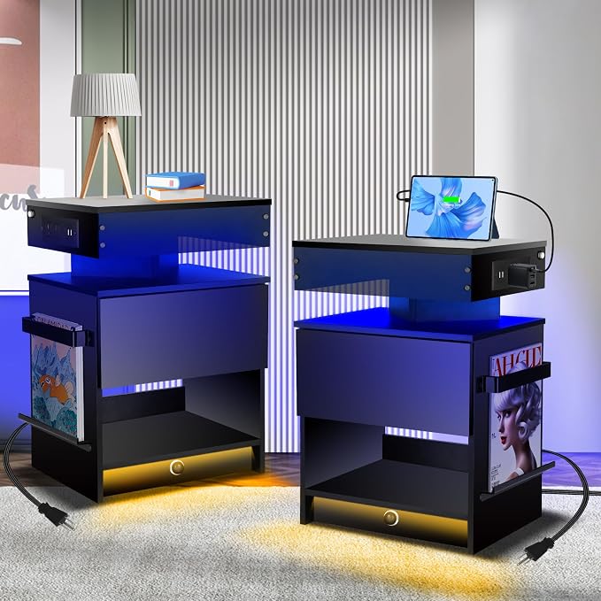 Nightstand with Induction Light & Side Charging Station, Modern Bedside Table by Unknown