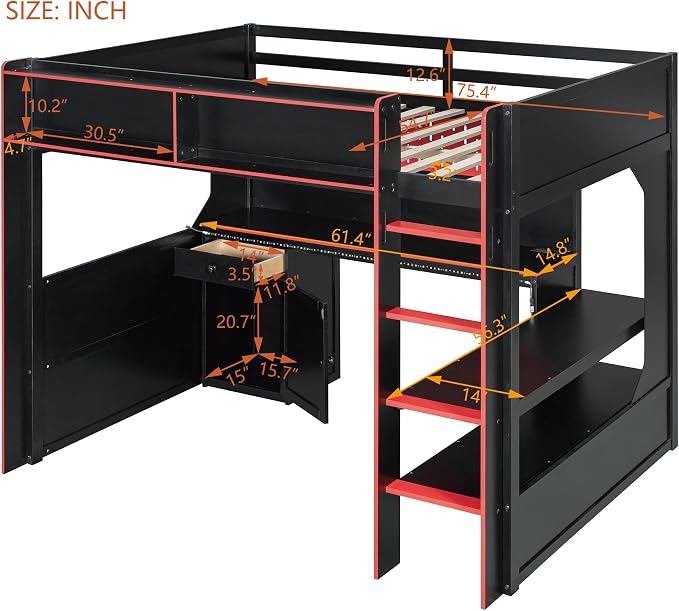 Modern Gaming Loft Bed with Built-in Desk, LED Lighting & Charging Hub – Full - Image 2